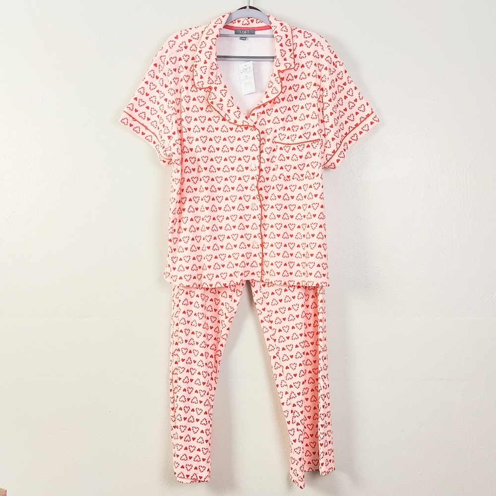 Loft Pajamas Size XL Women's Sleep Set Hearts Two Piece Top Bottoms Short Sleeve
